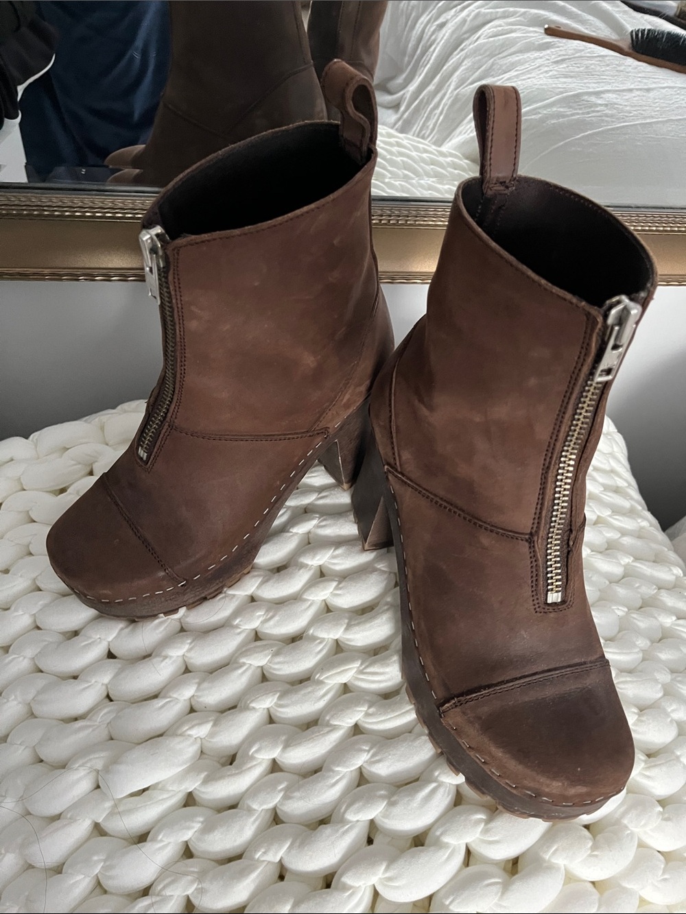 Swedish Hasbeens Brown Leather Front-Zip Platform Ankle Boots
